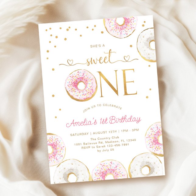 Pink Gold Sweet One Donuts 1st Birthday Invitation (Creator Uploaded)