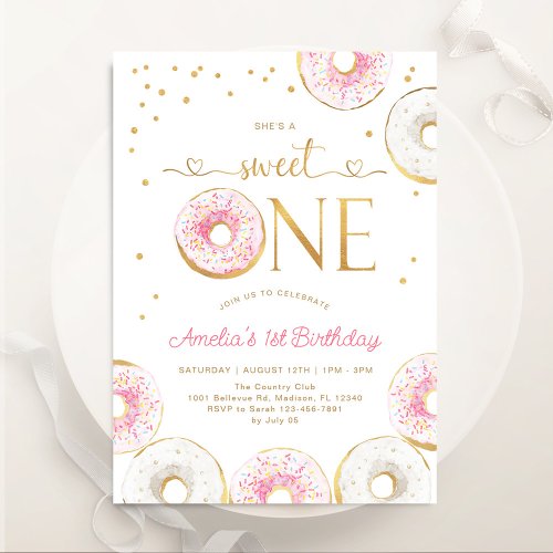 Pink Gold Sweet One Donuts 1st Birthday Invitation