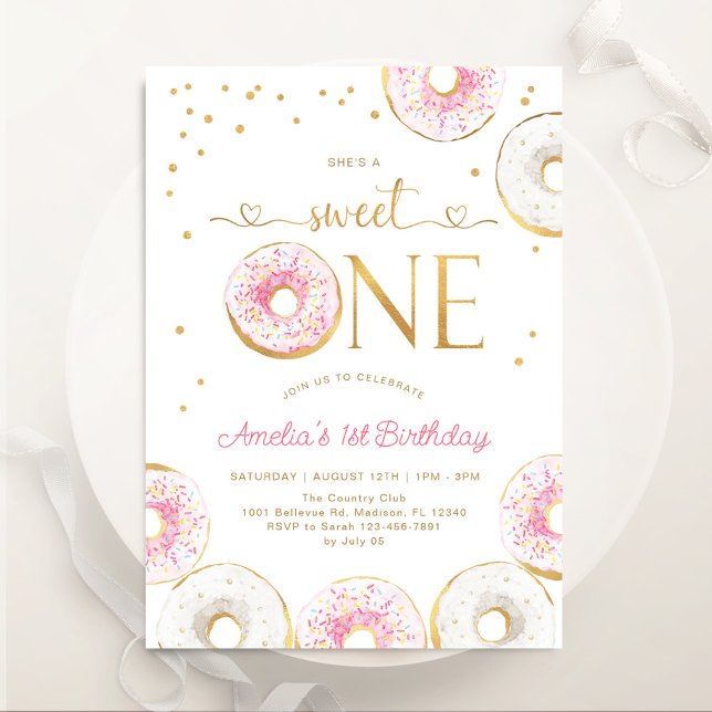Pink Gold Sweet One Donuts 1st Birthday Invitation (Creator Uploaded)