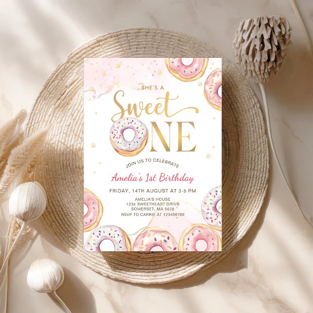 Pink Gold Sweet One Donuts 1st Birthday Invitation (Creator Uploaded)