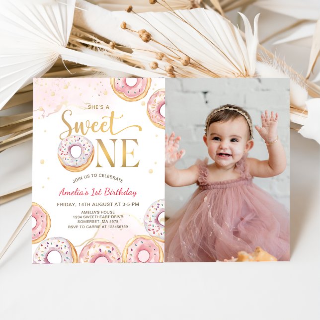 Pink Gold Sweet One Donuts 1st Birthday Photo Invitation (Creator Uploaded)