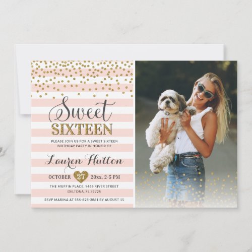 Pink Gold Sweet Sixteen 16th Birthday Party Photo Invitation