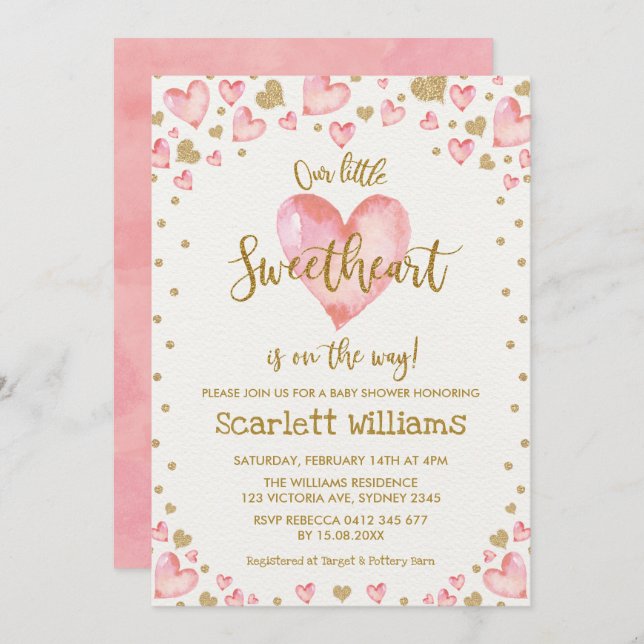 Pink Gold Sweetheart Baby Shower Invitation Hearts (Front/Back)
