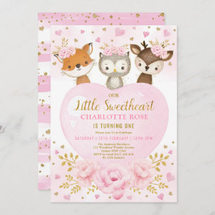 Pink Gold Sweetheart Woodland Animals Birthday Invitation