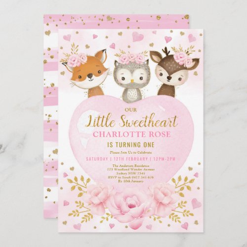Pink Gold Sweetheart Woodland Animals Birthday Invitation