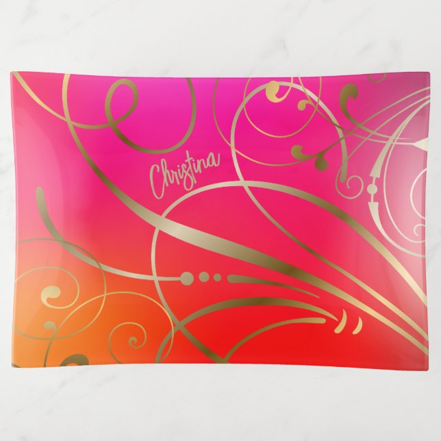 Pink Gold Swirls Flourishes with Name Trinket Tray (Front)