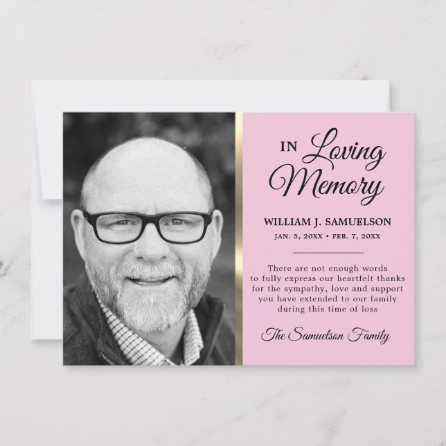 Pink Gold Sympathy Funeral Memory THANK YOU Photo Card (Front)