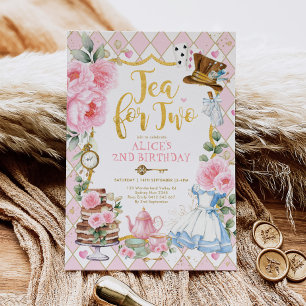 Pink Gold Tea for Two Alice in Wonderland Birthday Invitation