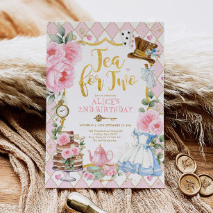 Pink Gold Tea for Two Alice in Wonderland Birthday Invitation