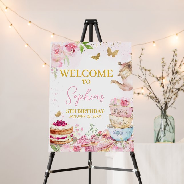 Pink Gold Tea Par-Tea Birthday Party Welcome Sign (In Situ (Stand))