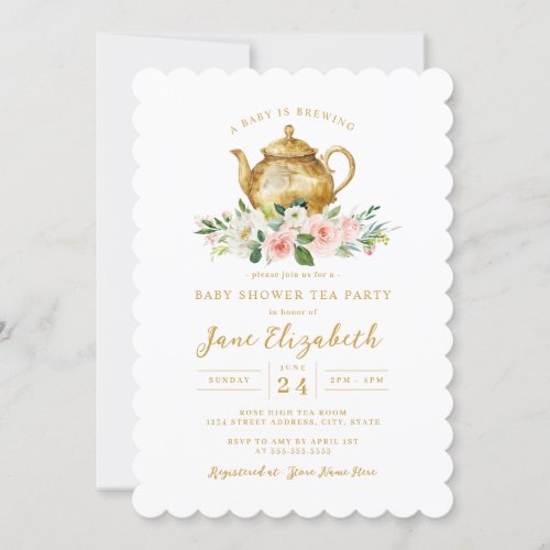 Pink Gold Tea Party A Baby is Brewing Baby Shower  Invitation