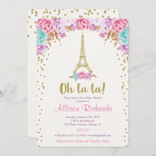 Pink gold teal Paris baby shower invitation girl