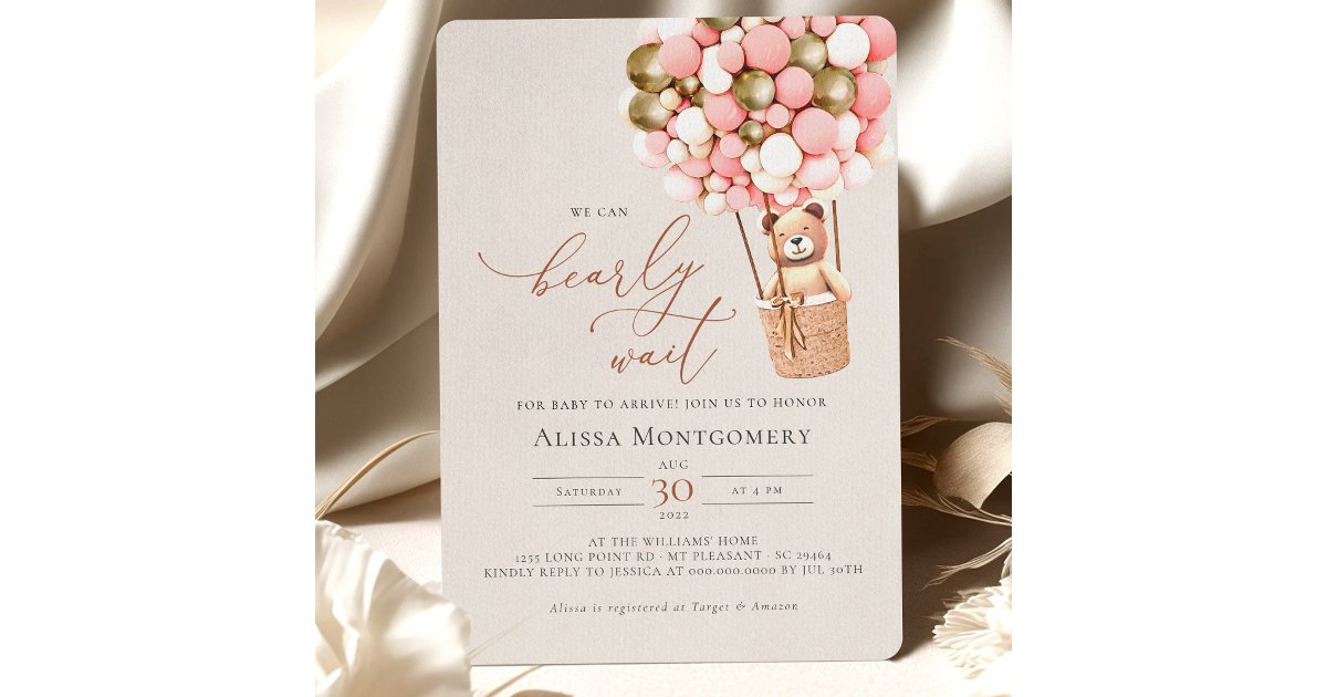 Pink Gold Teddy Bear Balloon Girl Bearly Wait Invitation | Zazzle