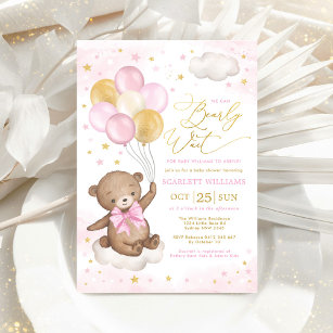 Pink Gold Teddy Bear Balloons Girl Baby Shower Inv Invitation