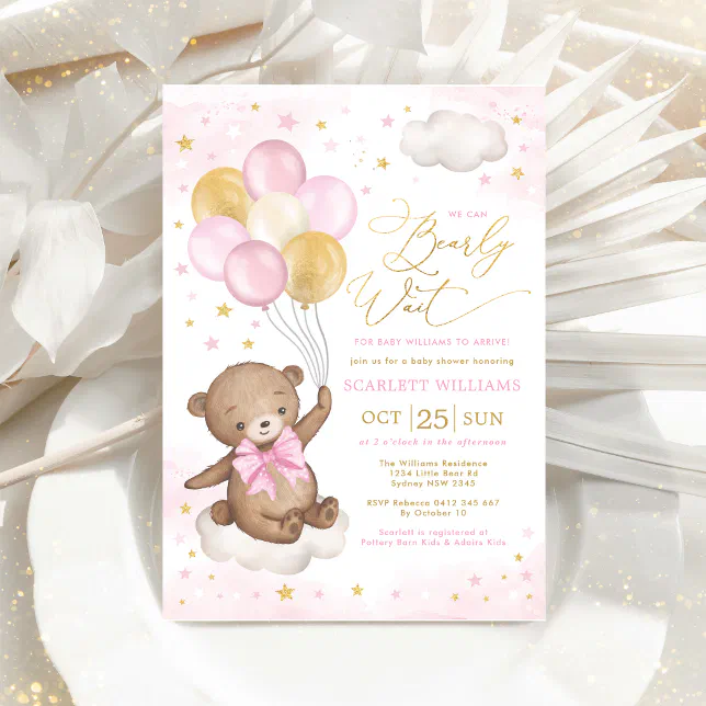 Pink Gold Teddy Bear Balloons Girl Baby Shower Inv Invitation | Zazzle