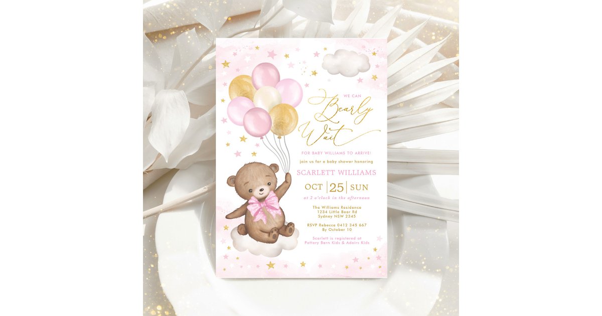Pink Gold Teddy Bear Balloons Girl Baby Shower Inv Invitation | Zazzle