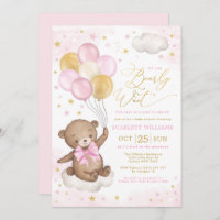 Pink Gold Teddy Bear Balloons Girl Baby Shower Inv Invitation