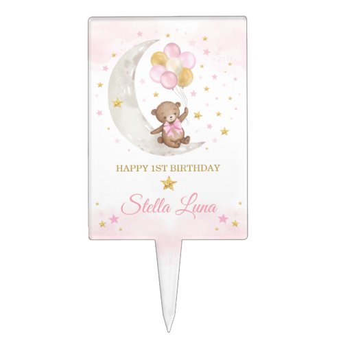 Pink Gold Teddy Bear Balloons Moon Stars Birthday Cake Topper