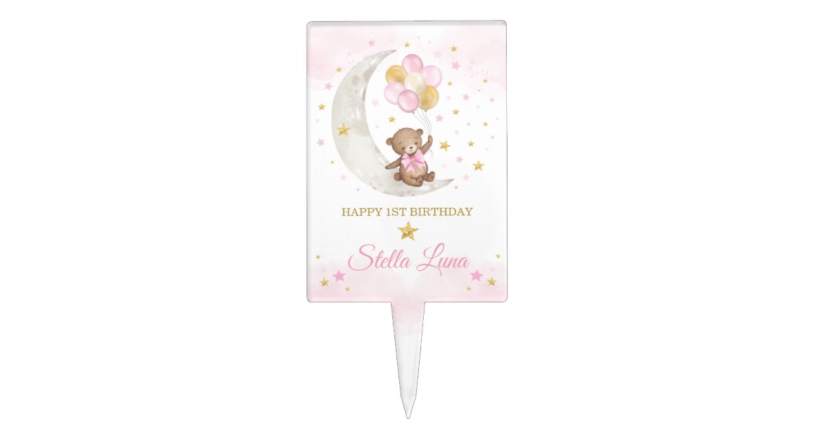 Pink Gold Teddy Bear Balloons Moon Stars Birthday Cake Topper | Zazzle