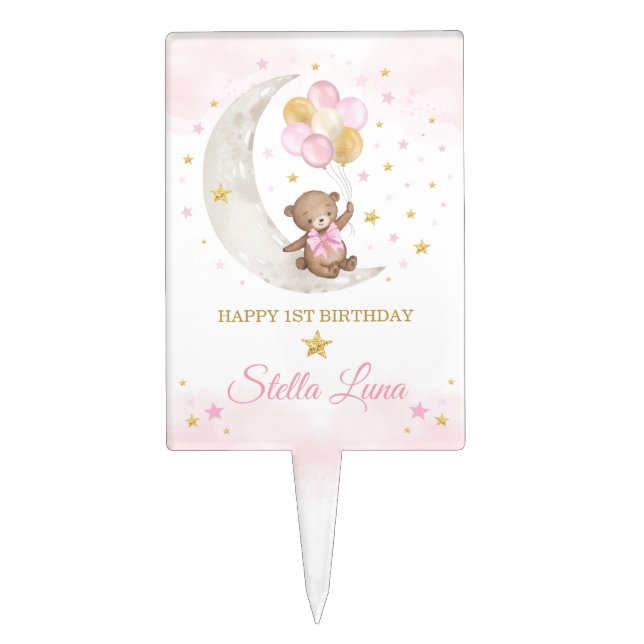Pink Gold Teddy Bear Balloons Moon Stars Birthday Cake Topper (Front)