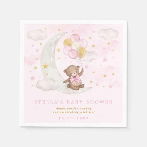 Pink Gold Teddy Bear Balloons Moon Stars Clouds Napkins