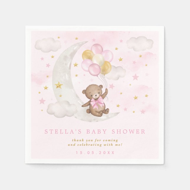 Pink Gold Teddy Bear Balloons Moon Stars Clouds Napkins (Front)