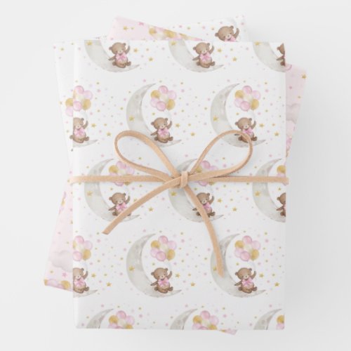 Pink Gold Teddy Bear Balloons Moon Stars Party Wrapping Paper Sheets