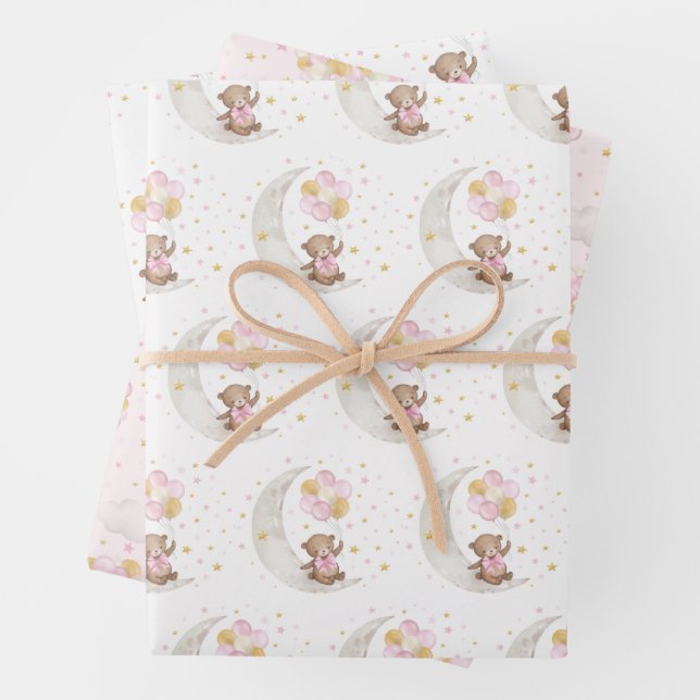 Pink Gold Teddy Bear Balloons Moon Stars Party Wrapping Paper Sheets (In situ)