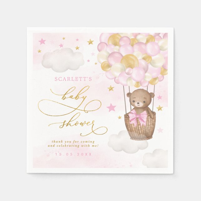 Pink Gold Teddy Bear Hot Air Balloon Baby Girl Napkins (Front)
