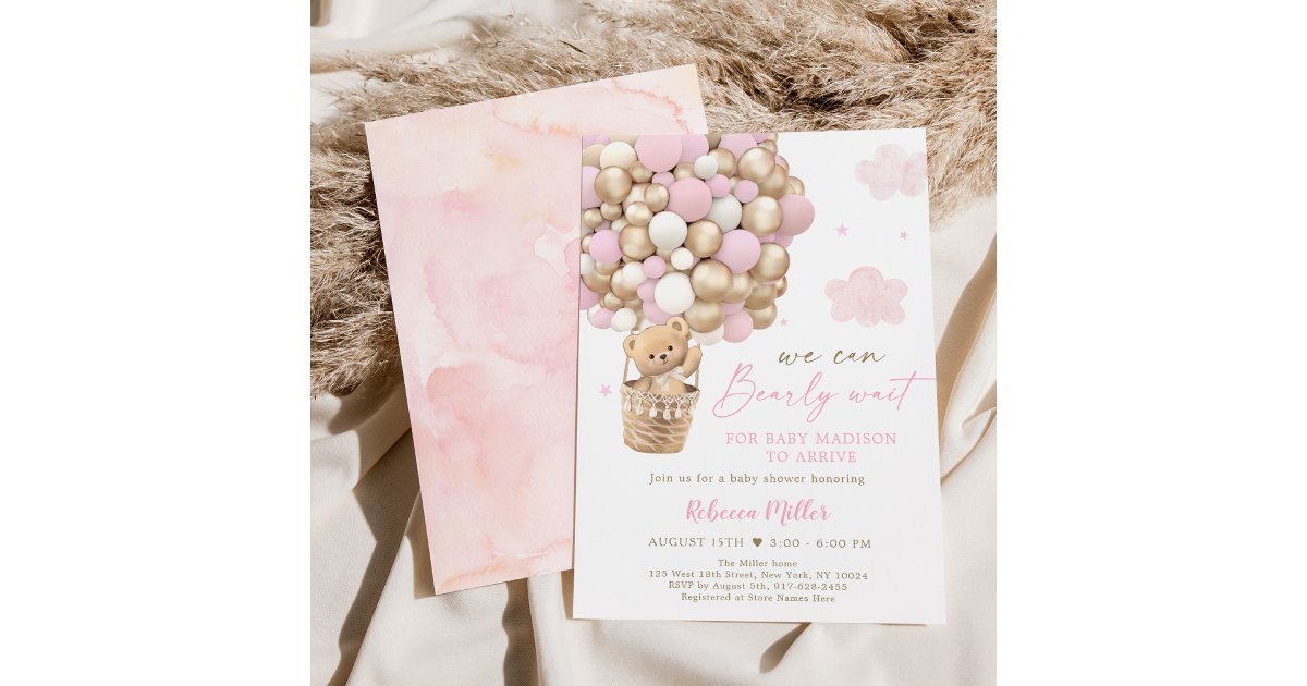 Pink Gold Teddy Bear Hot Air Balloon Baby Shower Invitation | Zazzle