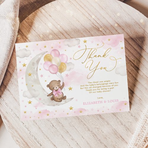 Pink Gold Teddy Bear Moon Balloons Clouds Stars Thank You Card