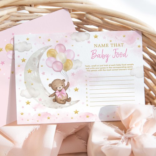 Pink Gold Teddy Bear Moon Name Baby Food Game Card