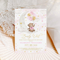 Pink Gold Teddy Bear Moon Stars Baby Girl Shower Invitation