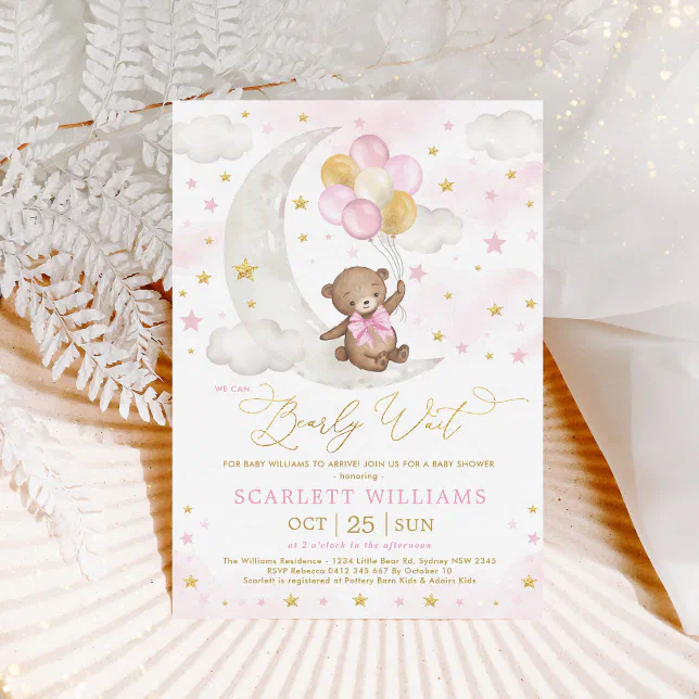 Pink Gold Teddy Bear Moon Stars Baby Girl Shower Invitation | Zazzle