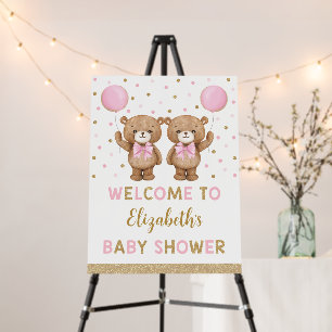 Pink Gold Teddy Bear Twin Girl Baby Shower Welcome Foam Board