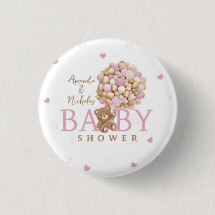 Pink Gold Teddy Bear With Balloons Shower Favor Button