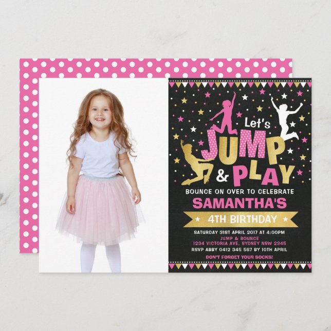 Pink Gold Trampoline Jump Bounce Birthday Party Invitation (Front/Back)