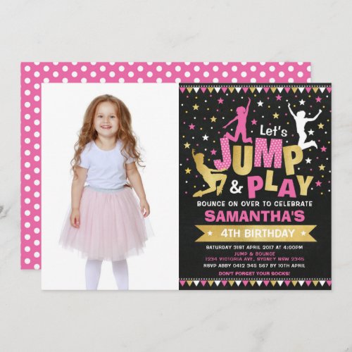 Pink Gold Trampoline Jump Bounce Birthday Party Invitation