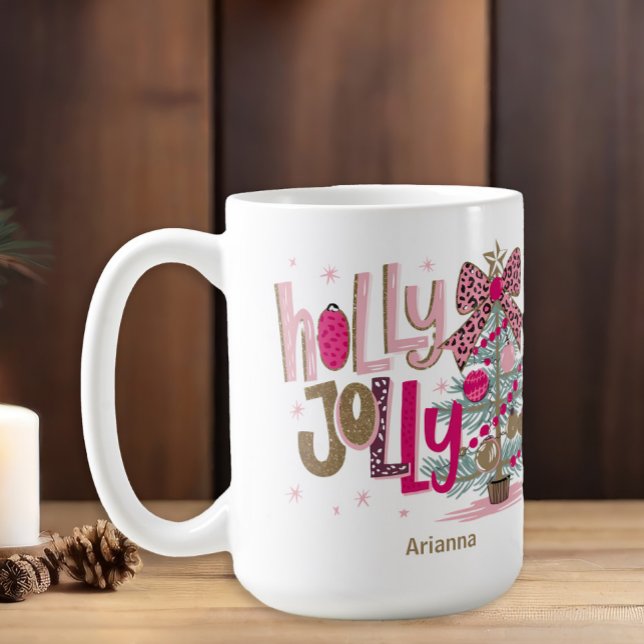 Pink Gold Tree Holly Jolly Christmas Coffee Mug (Pink and leopard print "Holly Jolly" Christmas tree coffee mug)