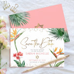 Pink Gold Tropical Bat Mitzvah Floral Palm Modern Save The Date<br><div class="desc">Make sure all your friends and relatives will be able to celebrate your daughter’s milestone Bat Mitzvah! Send out this chic, personalized “Save the Date” announcement card. Stunning, colorful, tropical watercolor birds of paradise flowers, faux gold handwritten script, Star of David and glitter dots, along with rose pink and gray...</div>