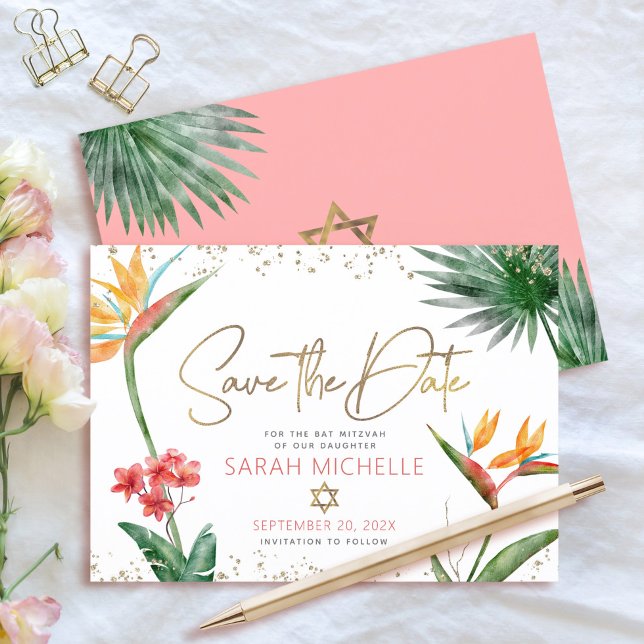 Pink Gold Tropical Bat Mitzvah Floral Palm Modern Save The Date (Creator Uploaded)