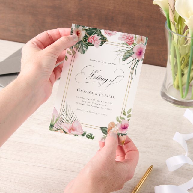 Pink Gold Tropical Beach Destination Wedding Vellum Invitations (Handheld)