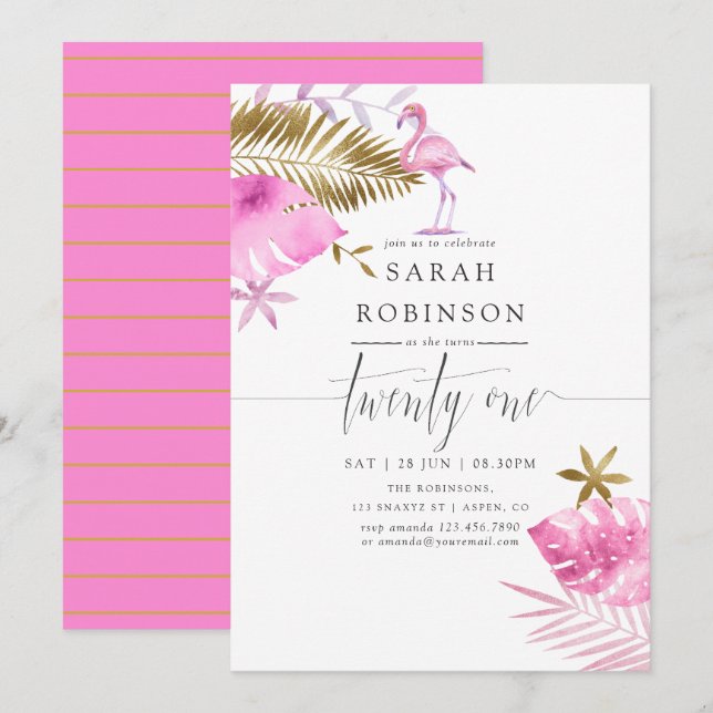 Pink & Gold Tropical Flamingo 21st Birthday Party Invitation (Front/Back)