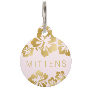 Pink Gold Tropical Hawaiian Hibiscus Cat Dog Pet ID Tag