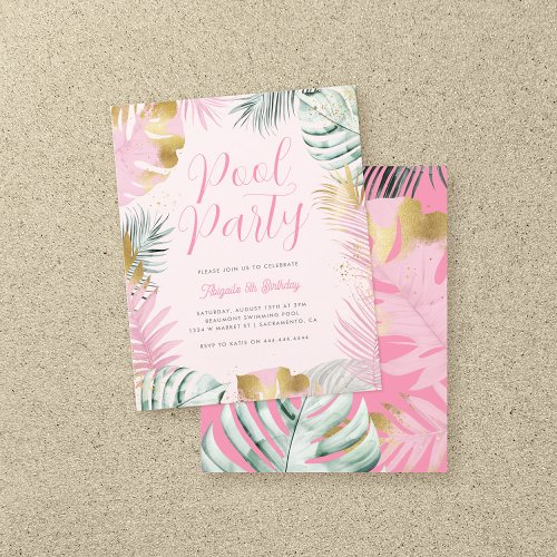 Pink  Gold Tropical Leaves Birthday Pool Party