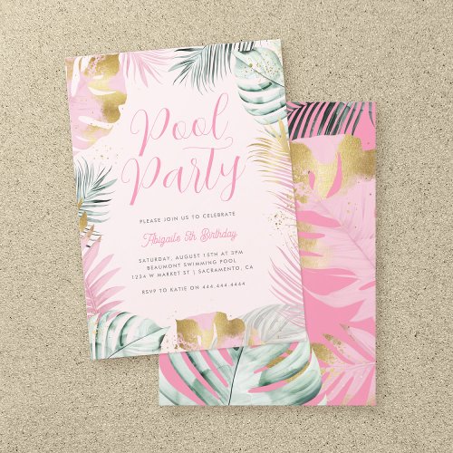 Pink  Gold Tropical Leaves Birthday Pool Party Invitation