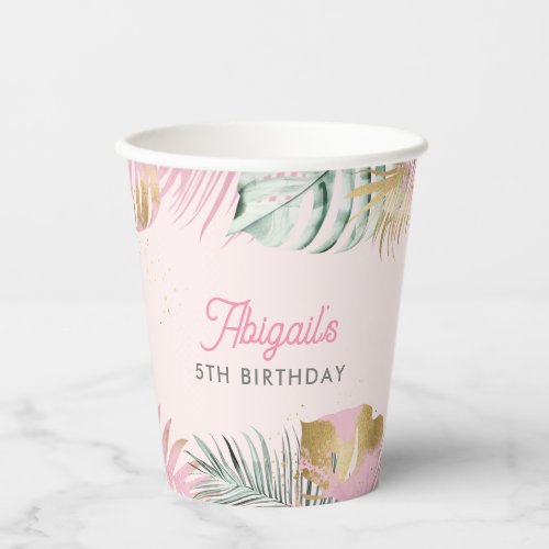 Pink  Gold Tropical Leaves Birthday Pool Party Paper Cups