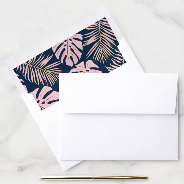 Pink, gold tropical leaves navy blue wedding envelope liner (Desk)