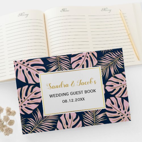 Pink gold Tropical leaves navy blue wedding Guest Book