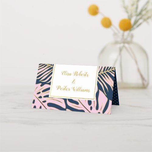 Pink gold tropical leaves navy blue wedding place card